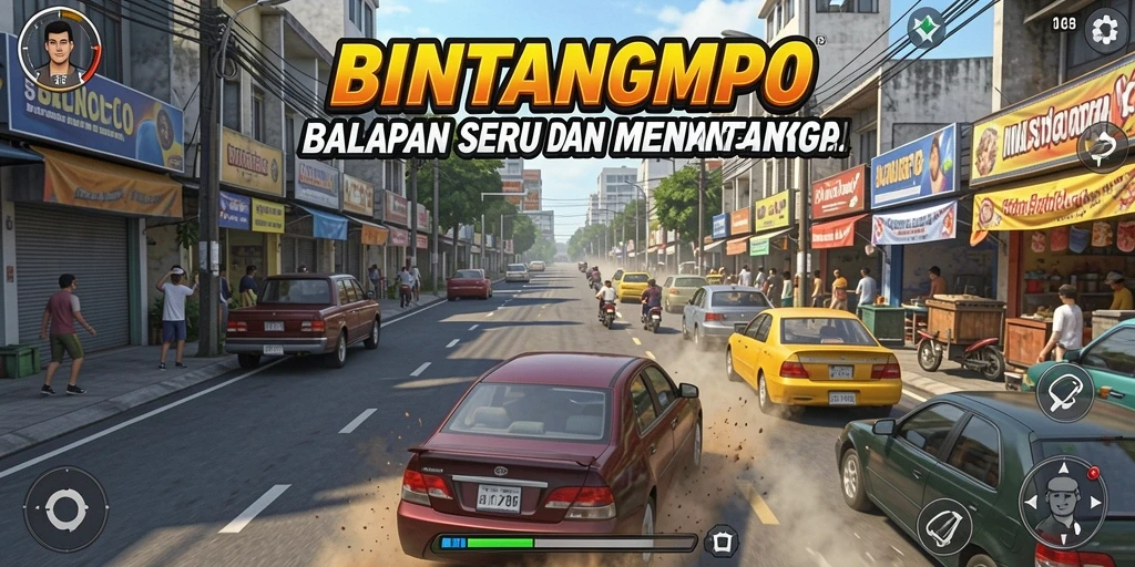 Tampilan gameplay BINTANGMPO yang seru di trek balap.