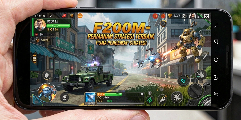 Screenshot utama menampilkan gameplay strategis yang seru di F200M.