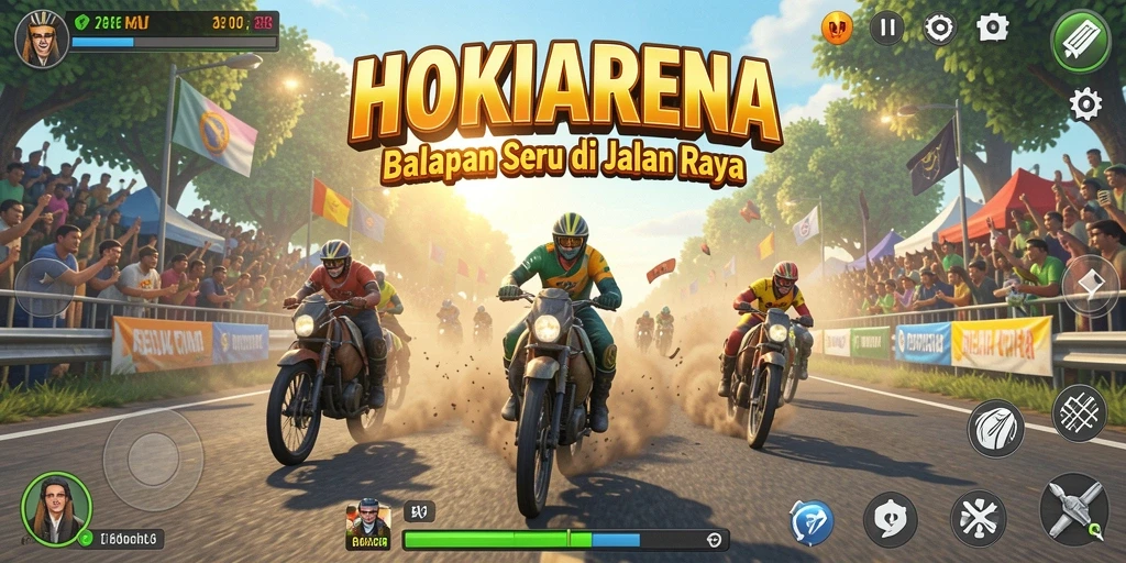 Tampilan gameplay HOKIARENA yang penuh aksi balapan.