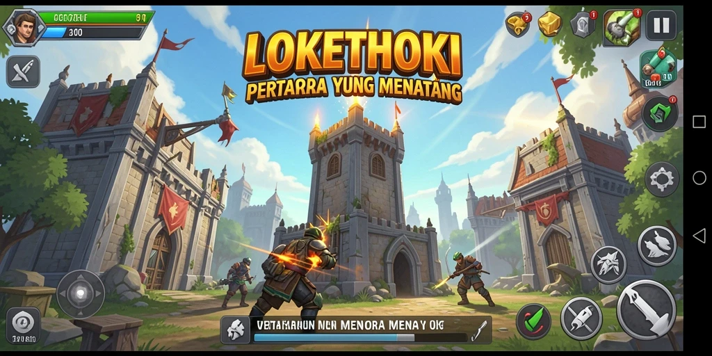 Screenshot gameplay LOKETHOKI menampilkan menara yang sedang menyerang musuh.