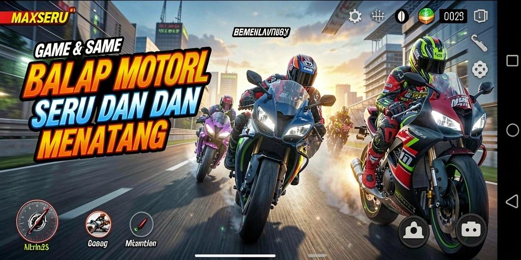 Screenshot gameplay <strong>MAXSERU</strong> menampilkan balapan motor yang penuh aksi.
